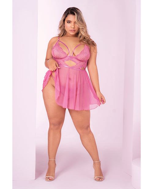 Sunset Pink Floral Lace Peek-A-Boo Babydoll Set Product Image.