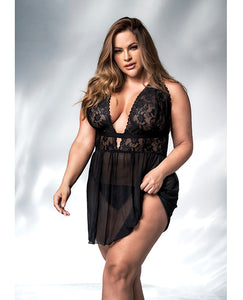 Lace & Mesh Babydoll Set - Black