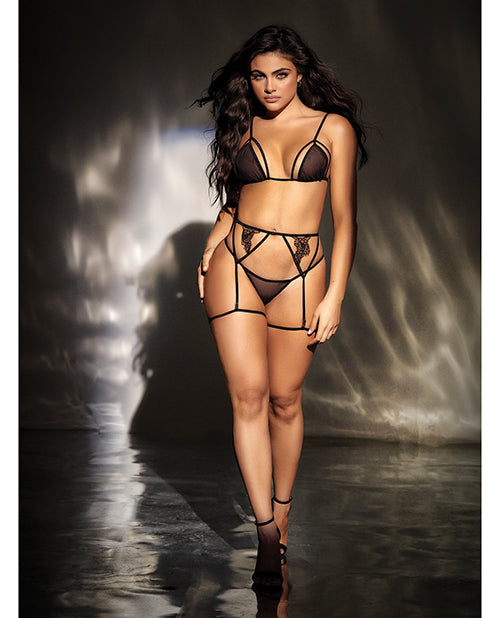 Encantador conjunto de top de malla negro con liguero y tanga - featured product image.