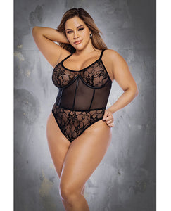 Black Floral Lace & Mesh Underwire Bodysuit with Lace-Up Back