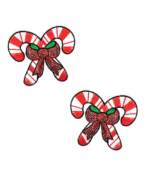 Neva Nude Sequin Candy Cane Pasties in Red/White - Dazzling Nipztix for the Enchanting Party Queen Product Image.