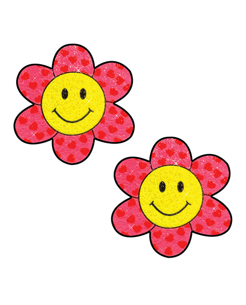 Neva Nude Smiley Flower Power Glitter Pasties in Pink/Yellow O/S - featured product image.