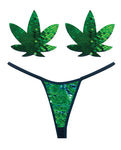 Naughty Knix Weed Leaf Sequin G-String & Pasties - Mermaid Green Flip Sequin