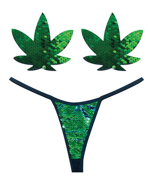 Naughty Knix Weed Leaf Sequin G-String & Pasties - Mermaid Green Flip Sequin Product Image.