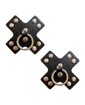 Burlesque Pierced N' Punked Leather Metal X Pasties - Negro O/S - Featured Product Image