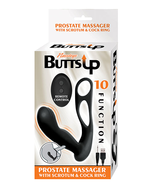 Masajeador de próstata Butts Up con escroto y anillo para el pene - Negro - featured product image.