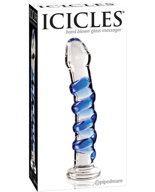 Icicles No. 5 Glass Massager: Clear with Blue Swirls Product Image.