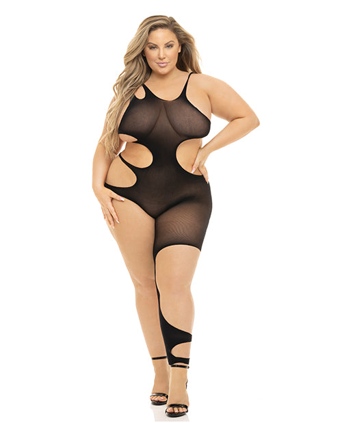 Lápiz labial rosa te muestra cómo el bodystocking recortado en negro Product Image.