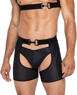 Mejora tu atuendo de montar con los Master Chaps negros: elegante cierre de gancho y anillo, spandex perforado transpirable y moderno detalle de corte trasero.