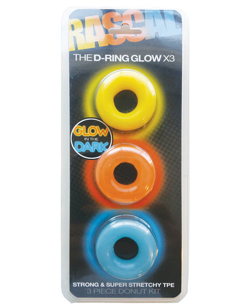 Rascal The D-Ring Glow X3: Juego de 3 anillos para el pene que brillan en la oscuridad Product Image.