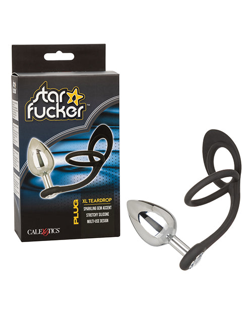 Star Fucker XL Teardrop Gem Plug with Silicone Enhancer in Black Product Image.