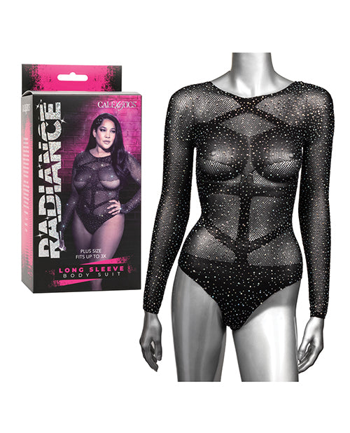 Radiance Plus Size Black Long Sleeve Rhinestone Body Suit - featured product image.