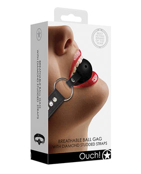 Shots Ouch Diamond Breathable Ball Gag - Black: Adjustable Size, Glamorous Diamond Studs, Durable (Faux) Leather - Featured Product Image