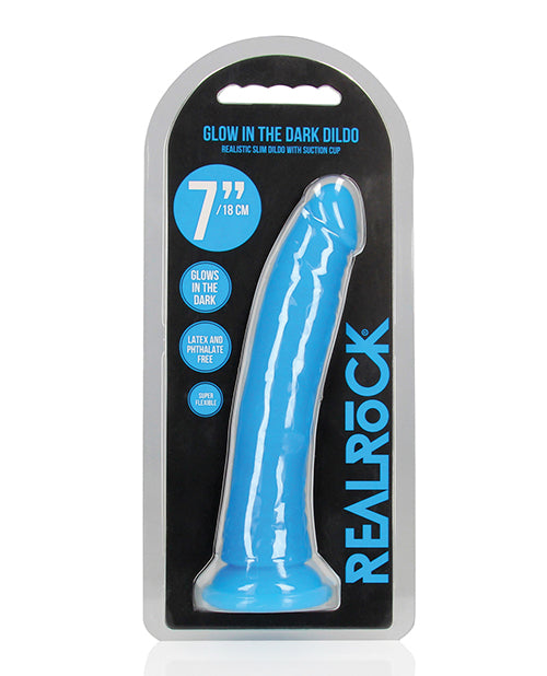 RealRock 7" Slim Glow Dildo - Neon Blue - featured product image.