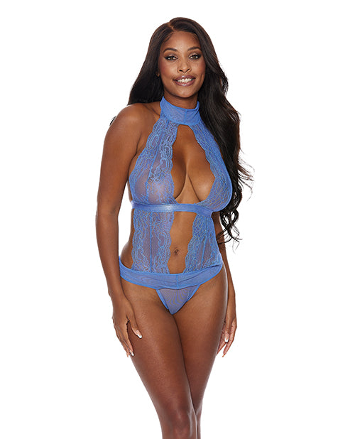 Shop for the Showtime Periwinkle XXL Lace & Mesh Halter Neck Teddy at My Ruby Lips