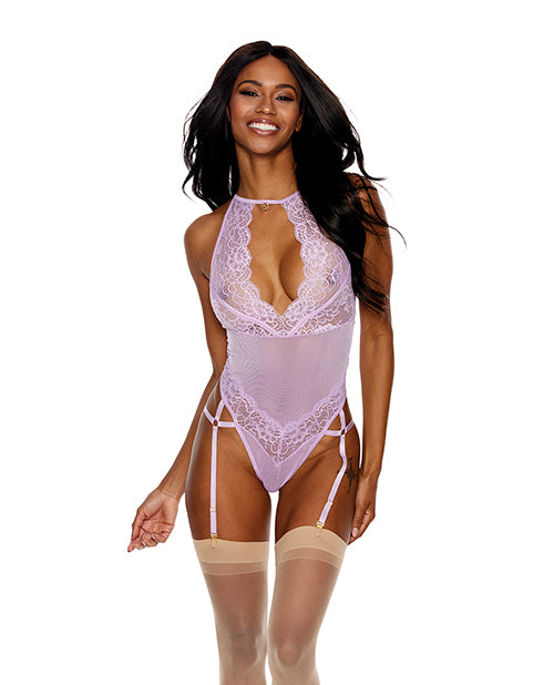 Lace & Mesh Gartered Teddy in Lilac XXL - featured product image.