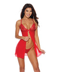 Lujoso conjunto babydoll de malla y encaje rojo de Shirley of Hollywood