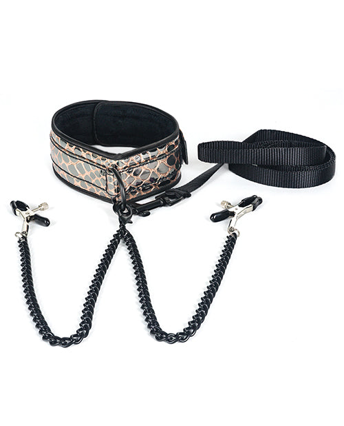 Spartacus Faux Leather Collar & Leash Set with Black Nipple Clamps - featured product image.