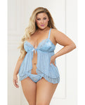 Blue Satin Jacquard Dot Mesh Babydoll & G-string Set