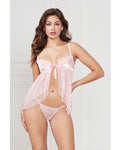 Satin Jacquard Dot Mesh Scallop Lace Babydoll & G-string in Light Pink