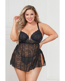 Eleve su guardarropa íntimo con el conjunto babydoll de encaje negro con copas con aros y tanga de Stretch Lace: ¡realce su busto, disfrute de un ajuste cómodo y adopte una elegancia versátil!