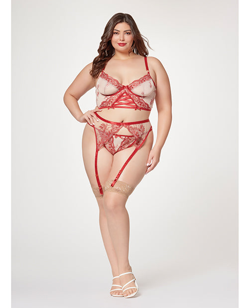 Floral Embroidered Mesh Bustier Set - Red/Nude - featured product image.