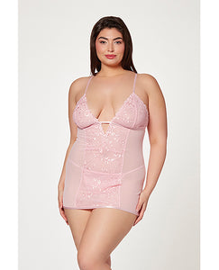 Floral Mesh Chemise & G-string Set in Pink