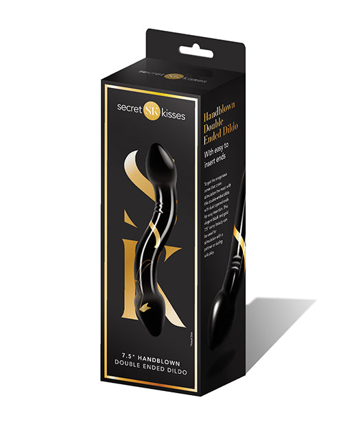 Secret Kisses Consolador de doble extremo soplado a mano de 7,5" - Negro/Oro Product Image.
