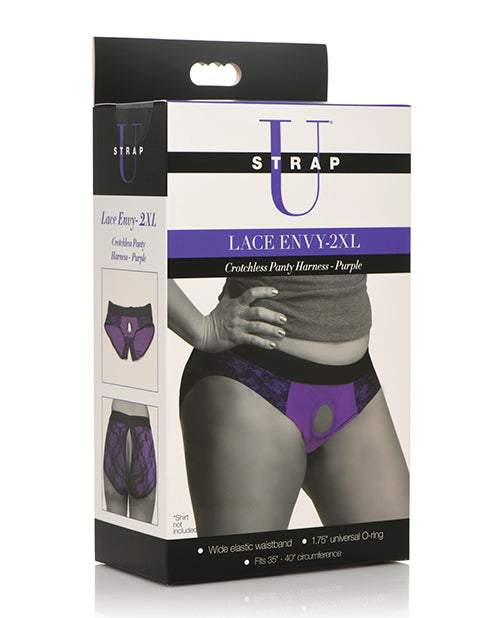 Strap U Lace Envy Crotchless Panty Harness in Black - Indulge in Seduction Product Image.