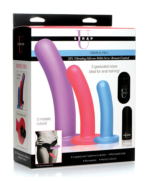 Juego de consolador vibratorio Strap U Triple Peg 28X: tamaños versátiles, colores vibrantes, vibraciones potentes Product Image.