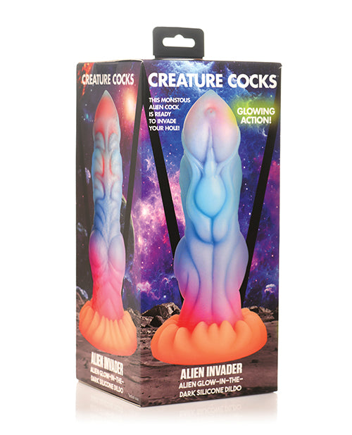 Éxtasis cósmico: Creature Cocks Alien Invader Consolador de silicona que brilla en la oscuridad Product Image.